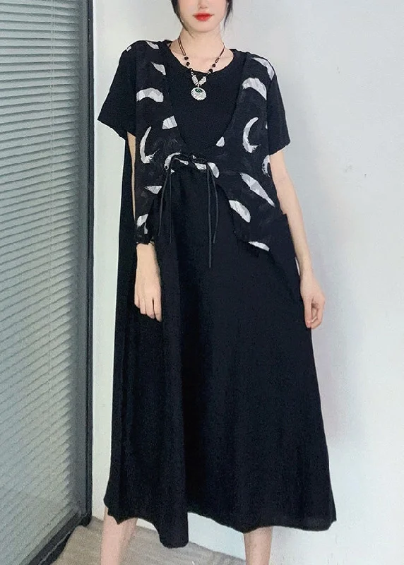 Casual Black Print Button Fake Two Pieces Long Dress Short Sleeve Tunics Lace romantic