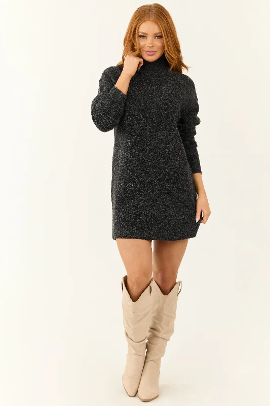 Charcoal Mock Neck Mini Sweater Dress Ribbed Striped Patterned