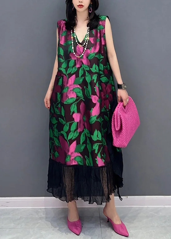 Chic Black V Neck Print Cotton Long Dresses Sleeveless Tunics Canvas sturdy