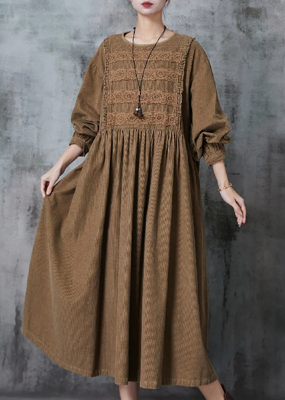 Chic Coffee Oversized Patchwork Lace Corduroy Long Dress Spring Casual Short Summer