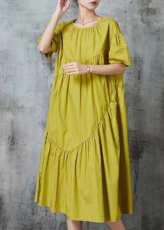 Chic Green Wrinkled Patchwork Cotton Long Dresses Summer Tunics Yoga stretchy