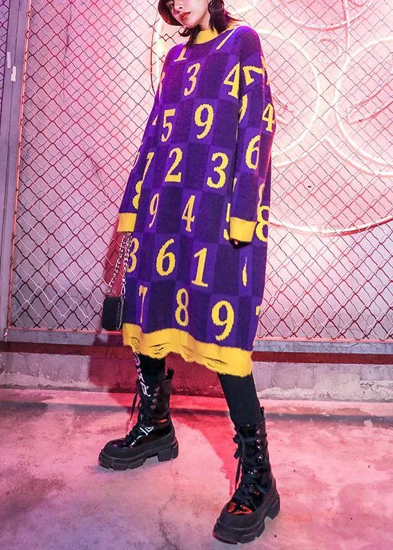Chic purple print Sweater Wardrobes Design o neck Hole Funny sweater dress Toggled Drawstring Belted Chic purple print Sweater Wardrobes Design o neck Hole Funny sweater dress Toggled Drawstring Belted