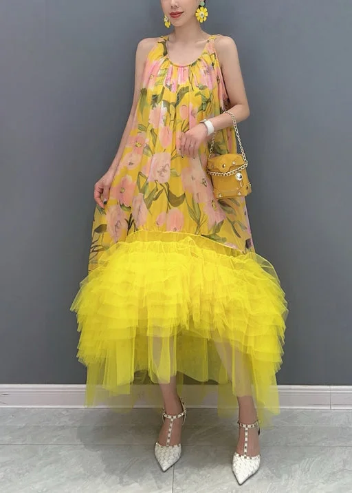 Chic Yellow Print Tulle Patchwork Long Dress Sleeveless Tunics Corduroy durable