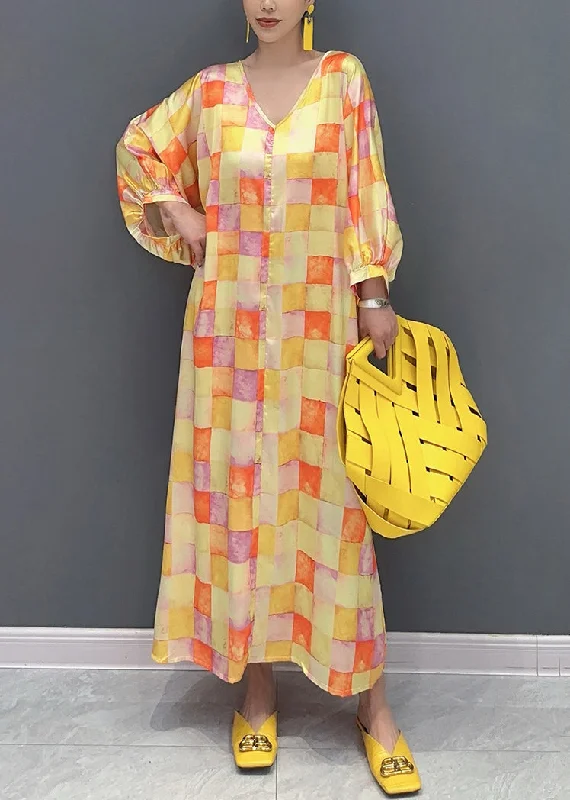 Chic Yellow V Neck Plaid Silk Long Dress Lantern Sleeve Tunics Prom sequined