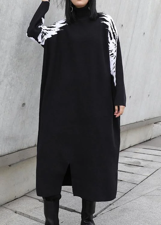 Christmas black Weaving flowers Sweater plus size high neck daily knit dress Zippered Front Buttoned Front Snap Front