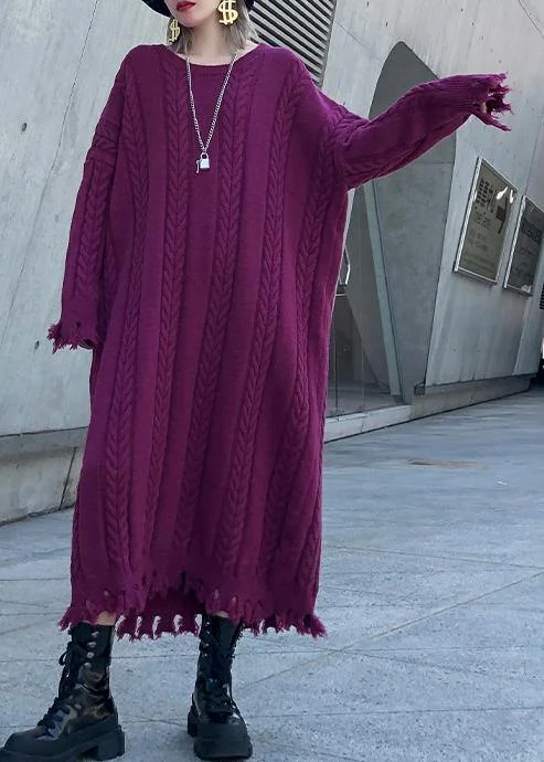 Chunky o neck tassel Sweater dress outfit Moda purple Ugly sweater dresses Notch Collar Peter Pan Collar Cowl Neck
