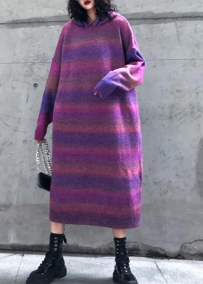 Chunky rose purple Sweater Wardrobes Moda hooded thick Art knitwear Striped Floral Plaid