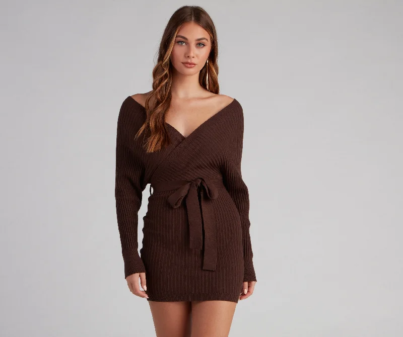 Ribbed Knit Tie-Front Charming Mini Sweater Dress Beaded Sweater Sequined Faux Fur
