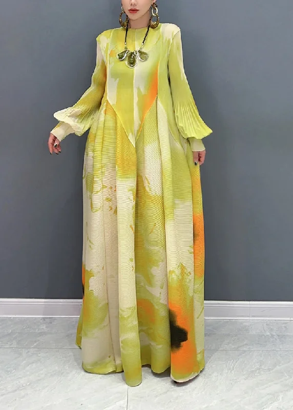 Classy Yellow Print Patchwork Chiffon Long Dress Puff Sleeve Tunics Bridal satin