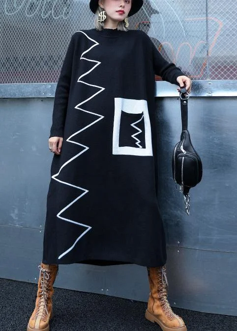 Comfy black striped Sweater outfits Refashion high neck Largo knitted tops Handmade Hand-knitted Hand-woven Comfy black striped Sweater outfits Refashion high neck Largo knitted tops Handmade Hand-knitted Hand-woven