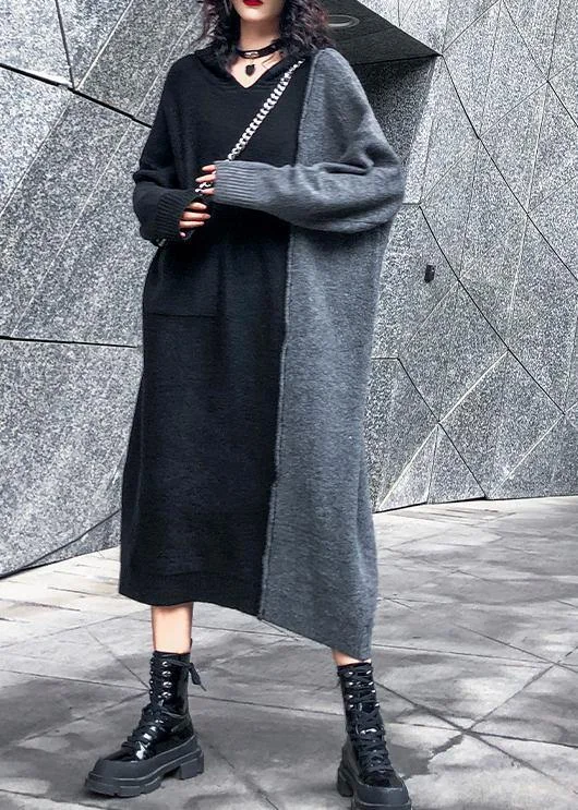 Comfy hooded patchwork Sweater outfits Largo black sweater dresses Elegant Classic Vintage Comfy hooded patchwork Sweater outfits Largo black sweater dresses Elegant Classic Vintage