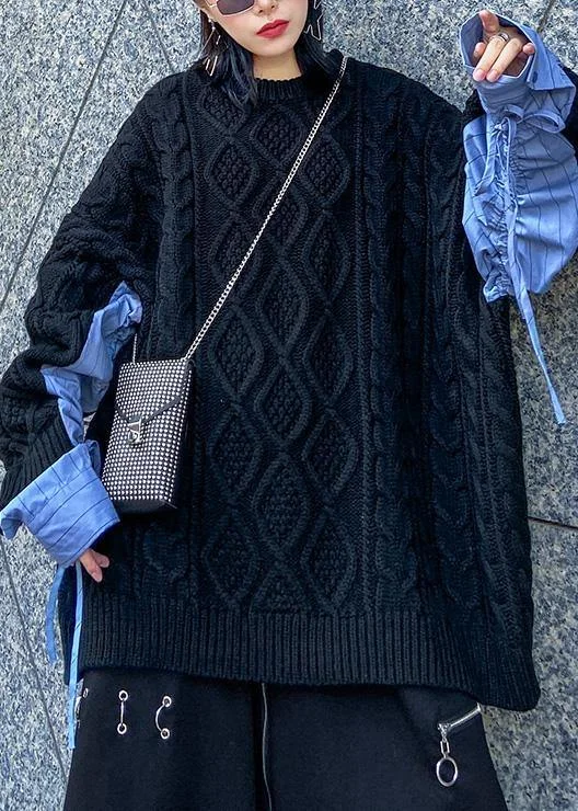 Comfy patchwork black knit sweat tops plus size clothing o neck sweater tops Striped Floral Plaid Comfy patchwork black knit sweat tops plus size clothing o neck sweater tops Striped Floral Plaid