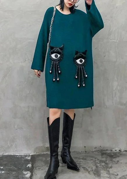 Cozy blue Sweater dress outfit o neck Three-dimensional decoration oversized knitwear Ribbed Striped Patterned