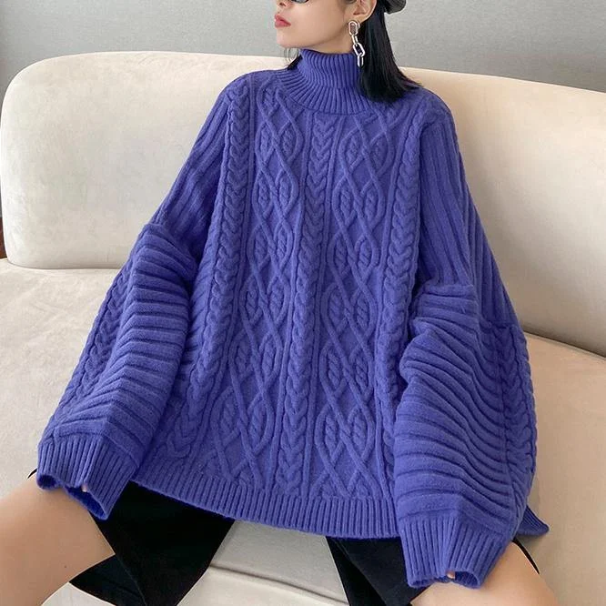 Cozy blue sweaters casual high neck side open knitted clothes Chenille Brocade Lace