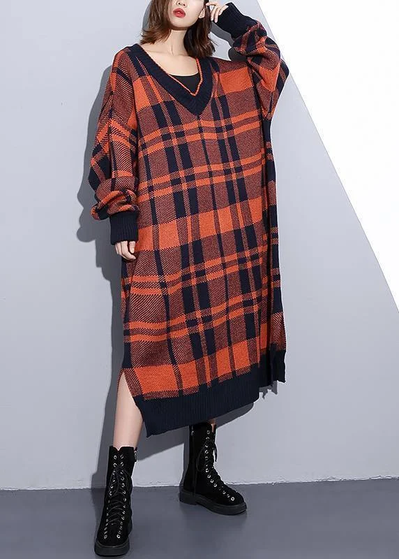Cozy orange plaid Sweater weather Design v neck side open Art knit dresses Welt Pockets Slit Pockets Flap Pockets Cozy orange plaid Sweater weather Design v neck side open Art knit dresses Welt Pockets Slit Pockets Flap Pockets