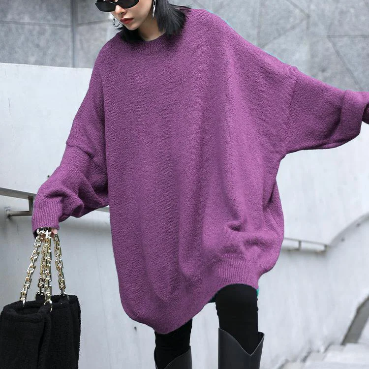 Cozy purple sweaters oversized o neck Batwing Sleeve crane tops Neon Metallic Matte