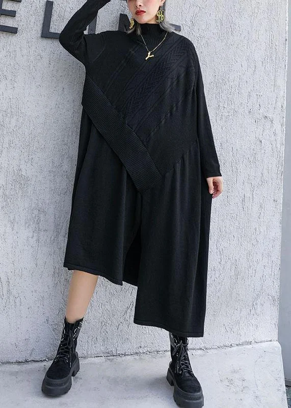 Cute black Sweater dress outfit plus size side open asymmetric oversized fall knit top Slim Fit Regular Fit Oversized