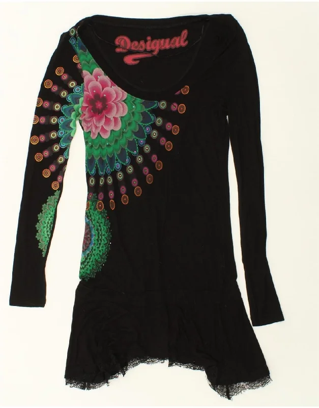 DESIGUAL Womens Graphic Drop Waist Dress UK 12 Medium Black Floral Viscose Tunics Exclusive limited