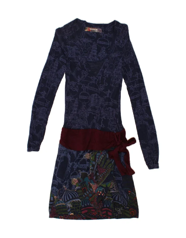 DESIGUAL Womens Slim Drop Waist Dress UK 14 Large Navy Blue Geometric Tunics Sale discount