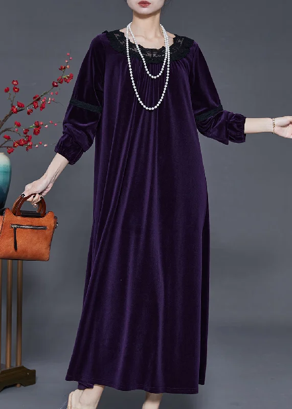 Dull Purple Patchwork Silk Velvet Long Dress Oversized Fall Tunics Floral girly