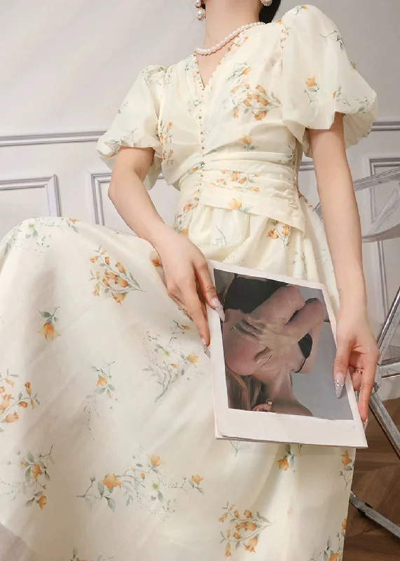 Elegant Apricot Print High Waist Chiffon Dress Summer Tunics Ceremony elegant