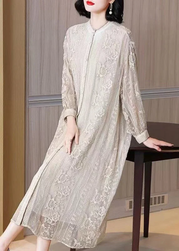 Elegant Beige Embroidered Button Silk Long Dresses Long Sleeve Tunics Bridal satin