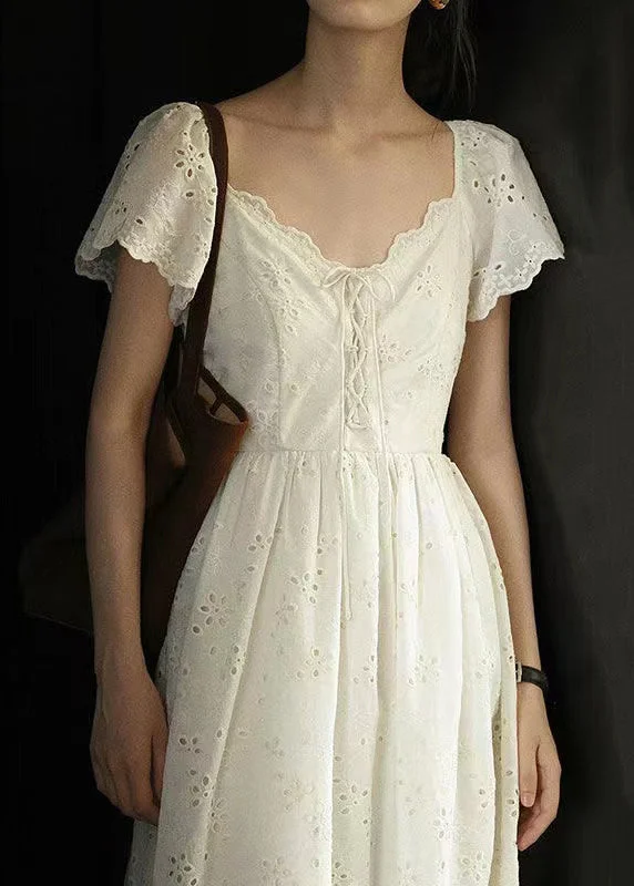 Elegant Beige Embroidered Lace Up Cotton Long Dress Summer Boat Neckline Classic