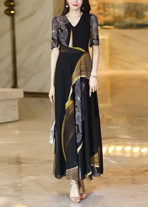 Elegant Black V Neck Print Chiffon Long Dresses Summer Turtleneck Neckline Stylish
