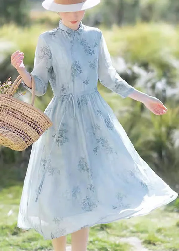 Elegant Blue Print Drawstring Chiffon Long Dress Summer Tunics Versatile stylish