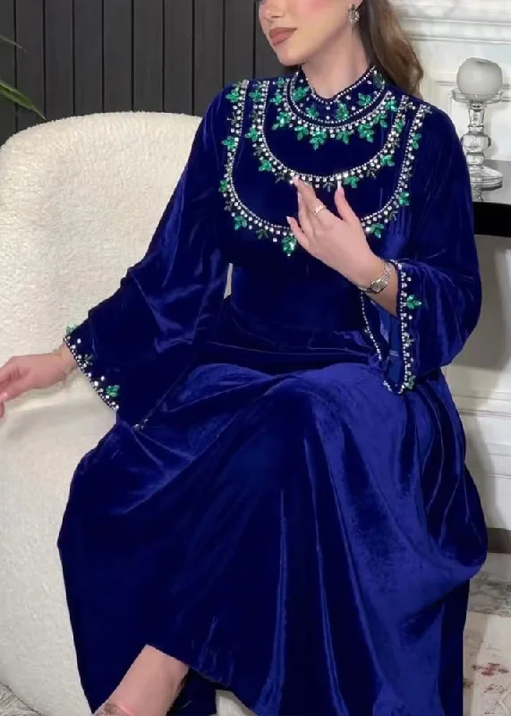 Elegant Blue Zippered Zircon Silk Velvet Long Dress Long Sleeve Tunics Chic elegant