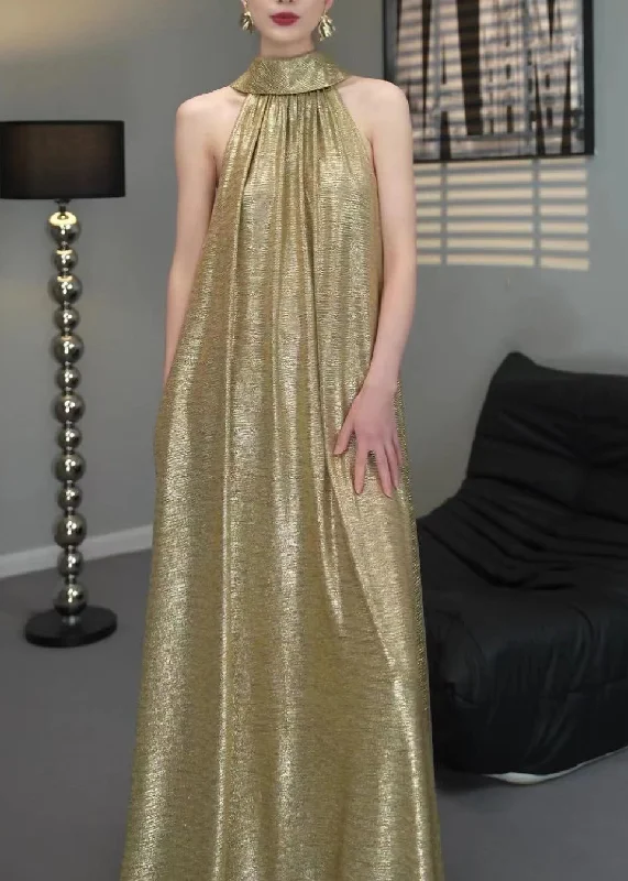 Elegant Gold Halter Wrinkled Long Dress Sleeveless Maxi Flowy Bohemian
