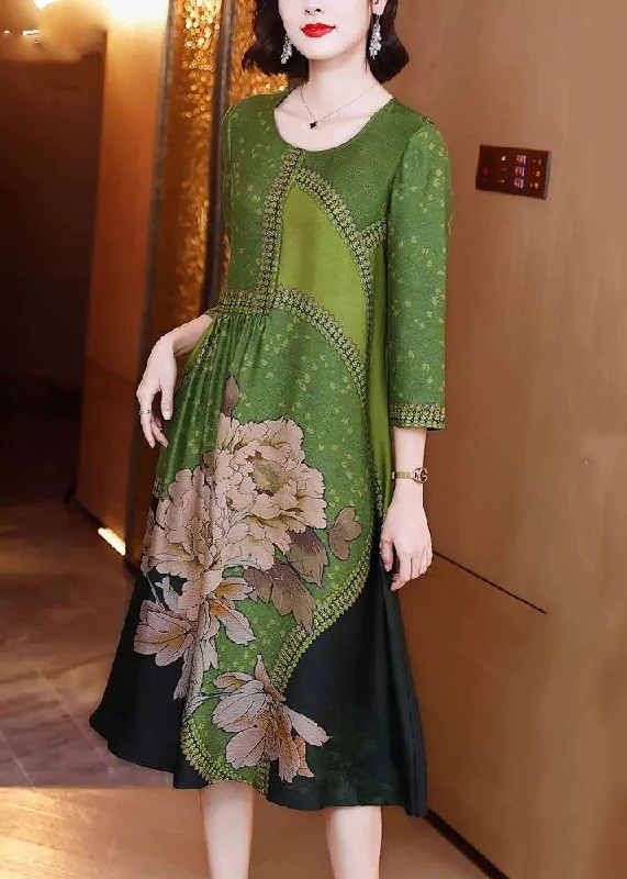 Elegant Green O Neck Print Patchwork Silk Long Dresses Spring Tunics Brand named
