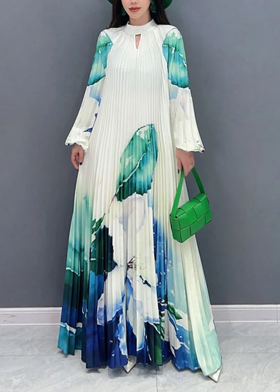 Elegant Green Turtleneck Print Tie Waist Long Dresses Long Sleeve Tunics Plaid country