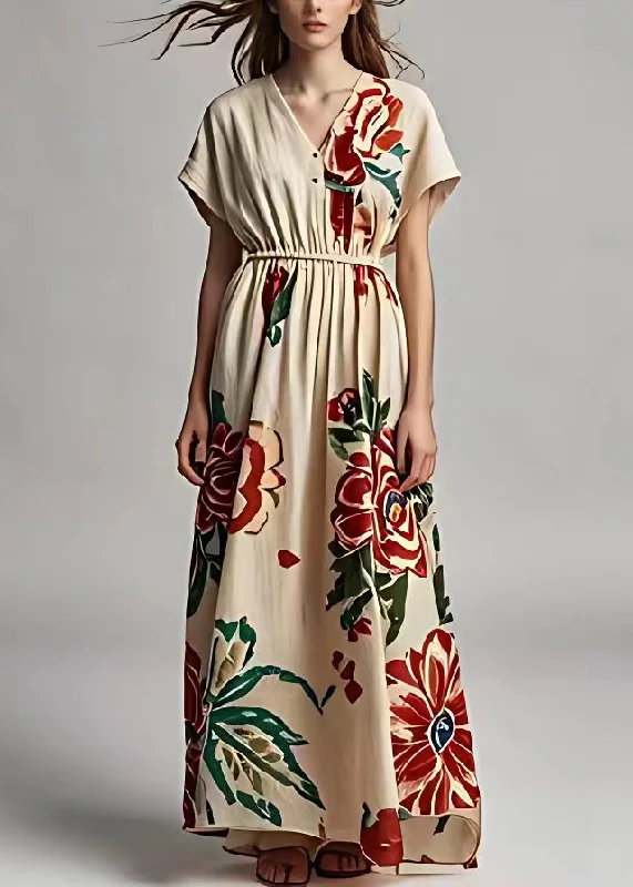 Elegant Light Khaki V Neck Print Cotton Long Dresses Summer Tunics Review highly