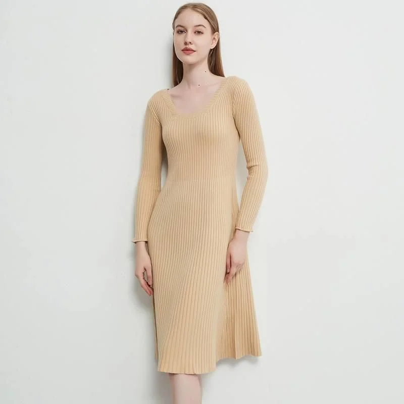 Elegant Midi Sweater Dress Mesh Blend Leather Blend Suede Blend