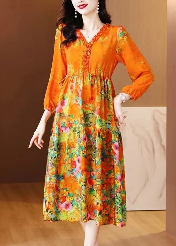 Elegant Orange Ruffled Print Patchwork Silk Long Dress Spring Tunics Occasion special