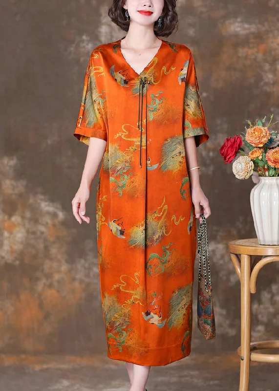Elegant Orange V Neck Button Print Silk Long Dresses Summer Tunics Vintage classic