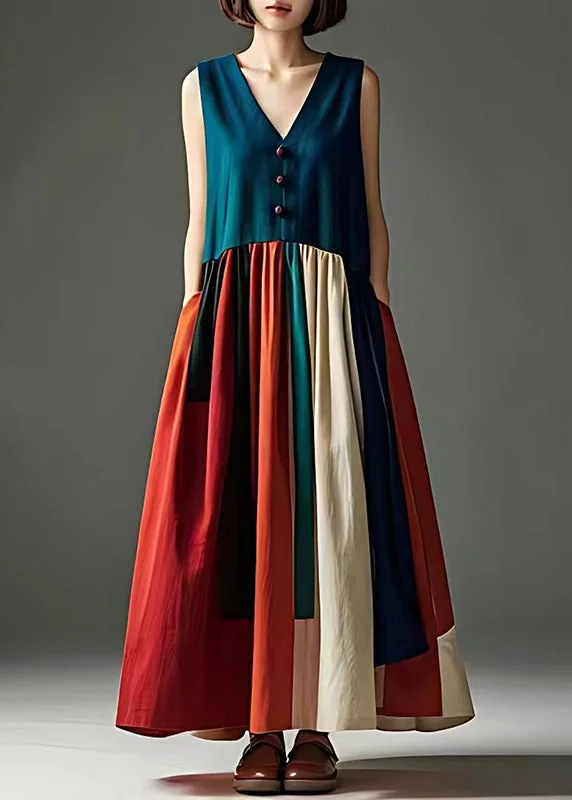 Elegant Peacock Green V Neck Patchwork Cotton Long Dress Sleeveless Tunics Summer linen