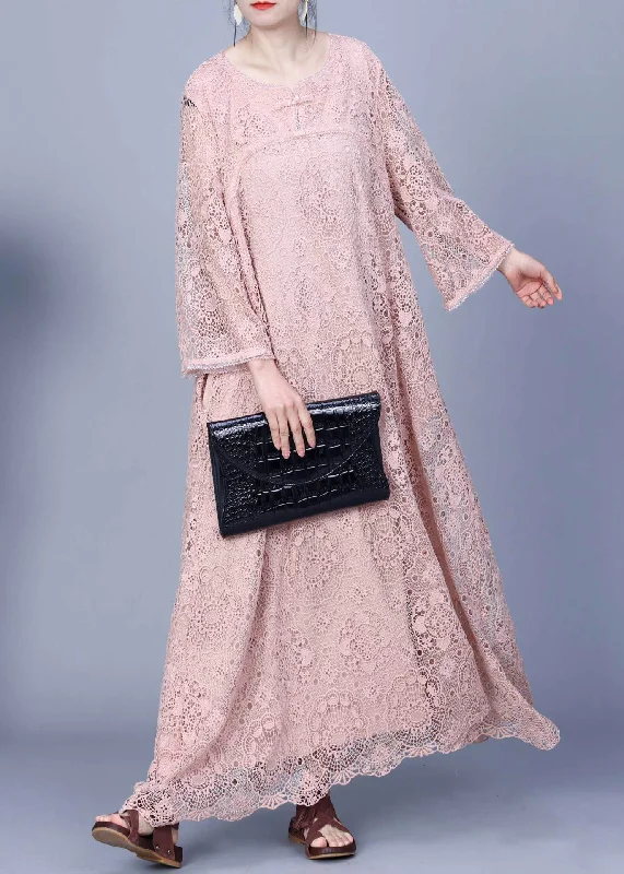 Elegant Pink Embroidered Hollow Out Lace Long Dress Spring Tunics Essential wardrobe
