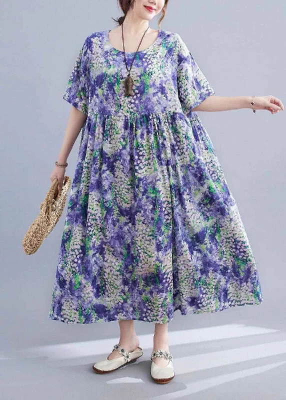 Elegant Purple O-Neck Print Patchwork Long Dress Short Sleeve Pencil Office Professional