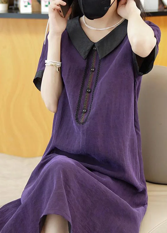 Elegant Purple Solid Patchwork Silk Long Dress Summer Tunics Designer luxury