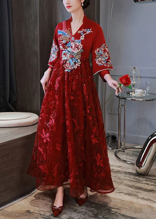 Elegant Red Embroidered Patchwork Lace Long Dress Spring Maxi Flowy Bohemian