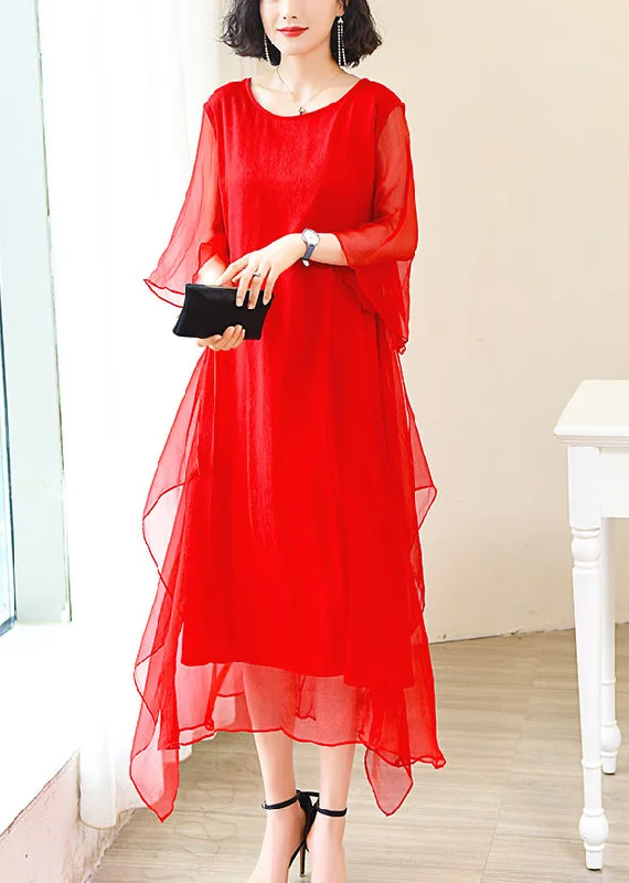 Elegant Red O-Neck Solid Ice Silk Long Dress Flare Sleeve Tunics Party sparkling