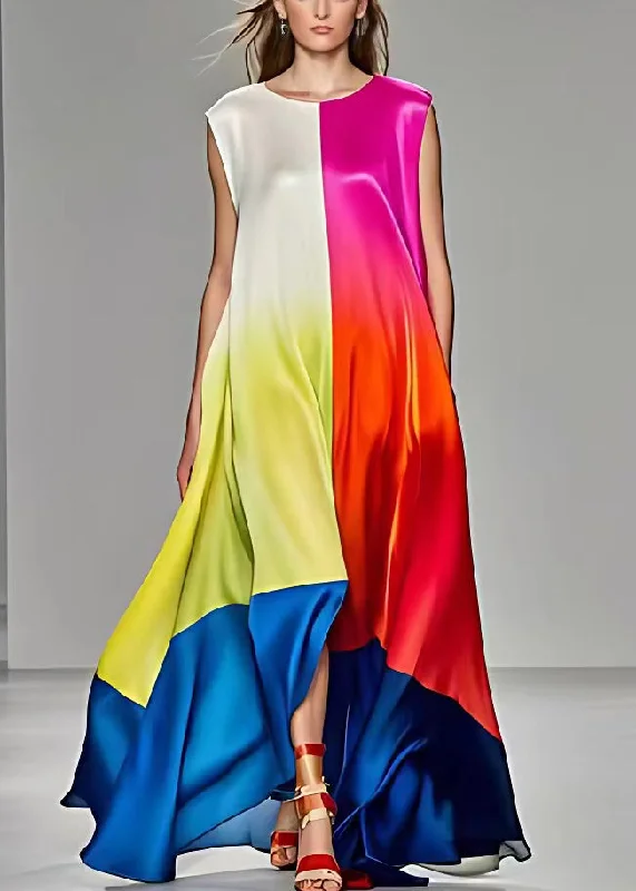Elegant Rose Asymmetrical Pockets Silk Long Dresses Sleeveless Tunics Bestseller popular