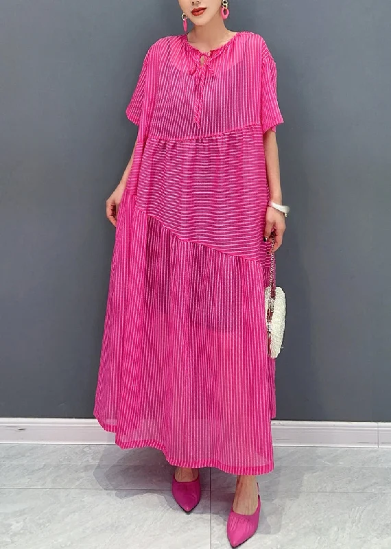 Elegant Rose Lace Up Pockets Cotton Long Dress Summer Tunics Business professional