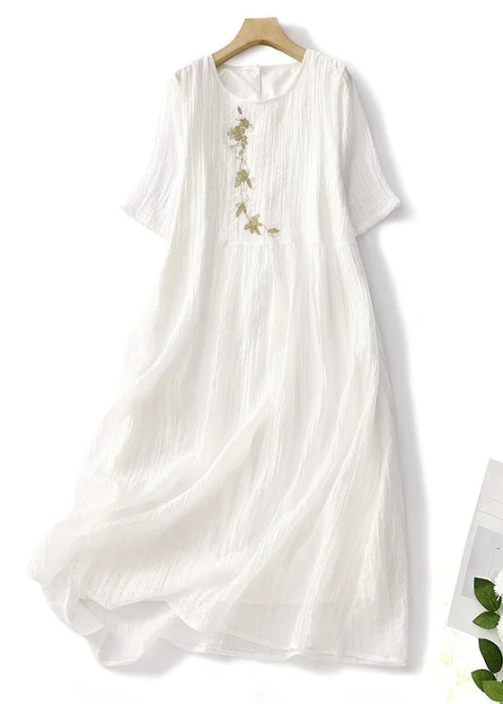 Elegant White Embroidered Solid Linen Long Dresses Summer Tunics Plaid country