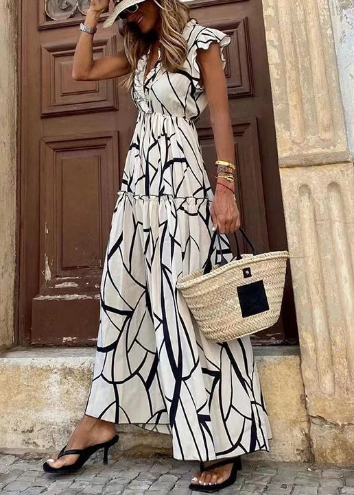 Elegant White Ruffled Print Cotton Long Dresses Summer Tunics Print Colorful