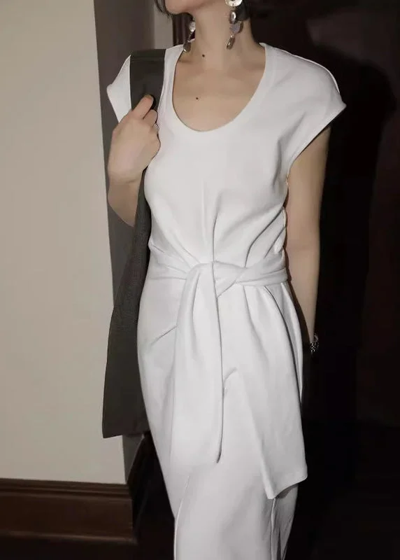 Elegant White U Neck Tie Waist Cotton Dress Summer Tunics Stylish elegant