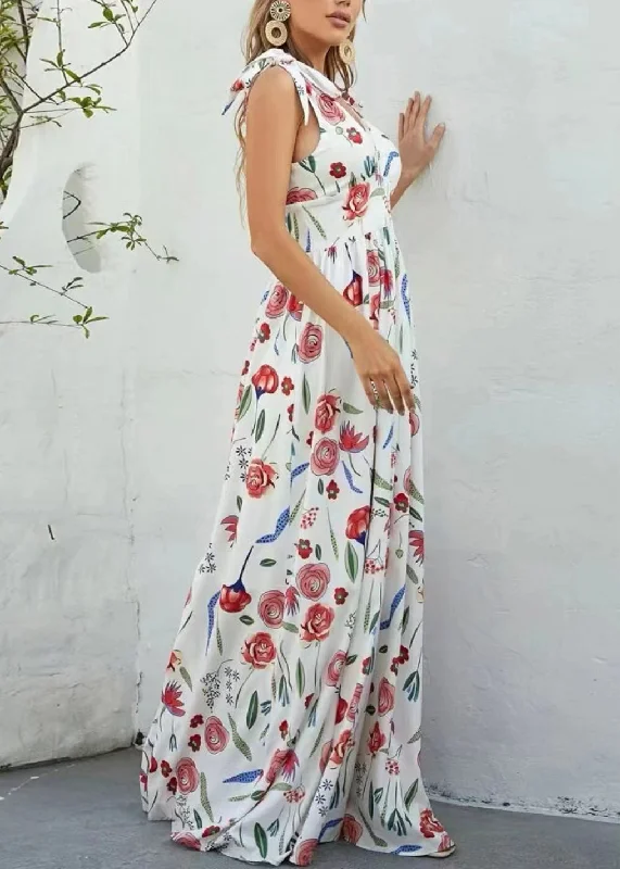 Elegant White V Neck Print Chiffon Long Dresses Sleeveless Tunics Floral girly
