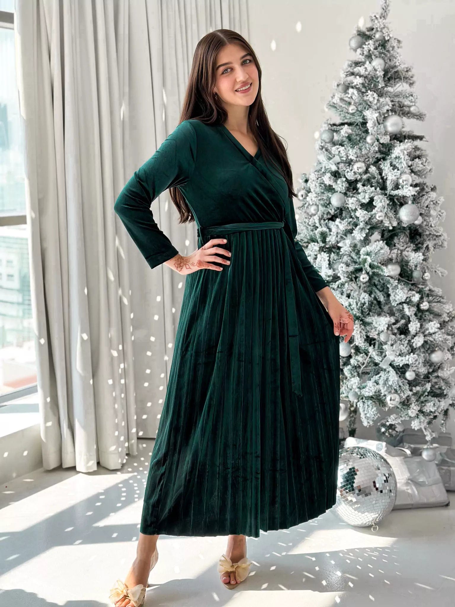 Promise - Emerald Green Velvet Long Dress (Pleated) Tunics Trendy modern